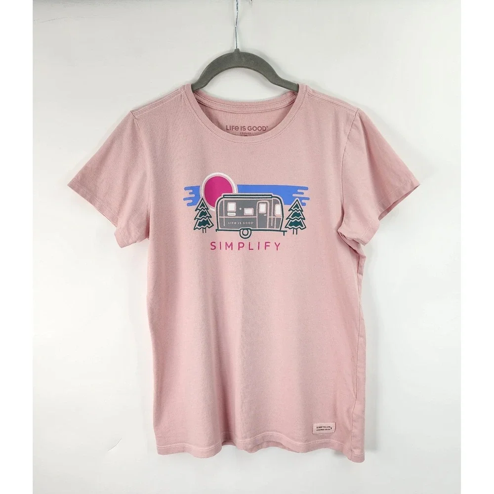 Life Is Good Crusher Top Women's S Pink Short Sleeve V Neck Simplify Tee Camping